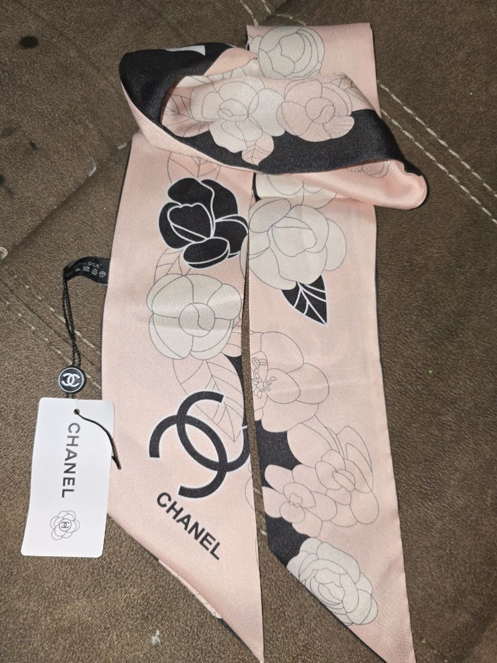 CHANEL Pink & Black Floral Silk Twilly Scarf - Picture 6 of 6